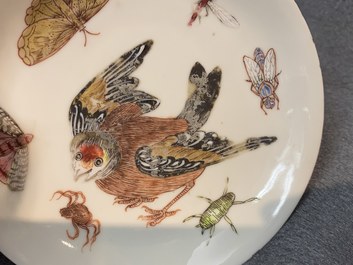 A Chinese famille rose 'bird and insects' cup and saucer, Yongzheng